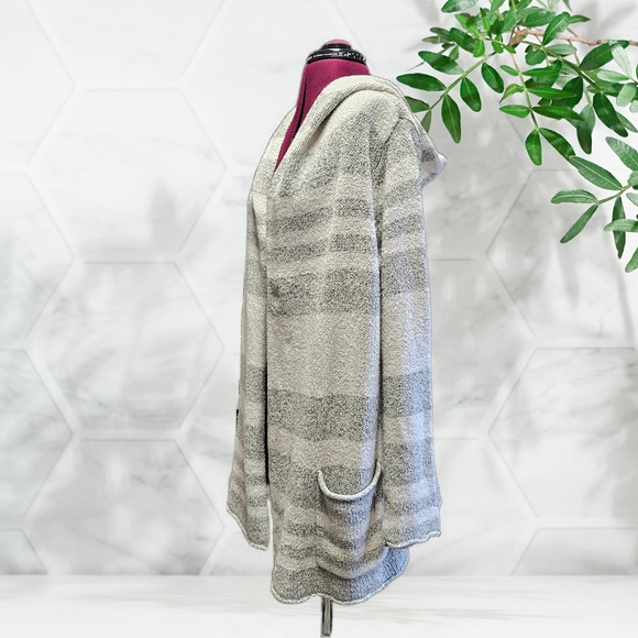Eddie Bauer Lounge Sleepwear Cozy Hooded Open Front Cardigan Grey Stripe - Picture 3 of 16